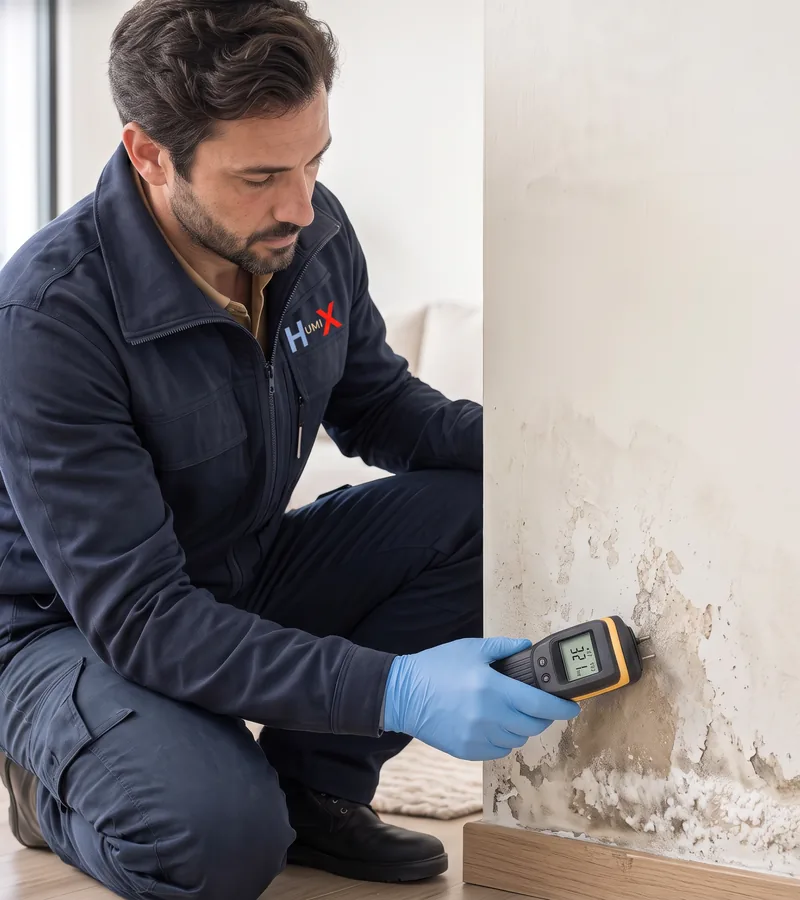 Rising damp and blown plaster at the bottom of a wall in Stretford